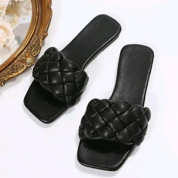 Women Braided Design Single Band Open Toe Slide Sandals, Vacation Black Solid Mi - Picture 6 of 8